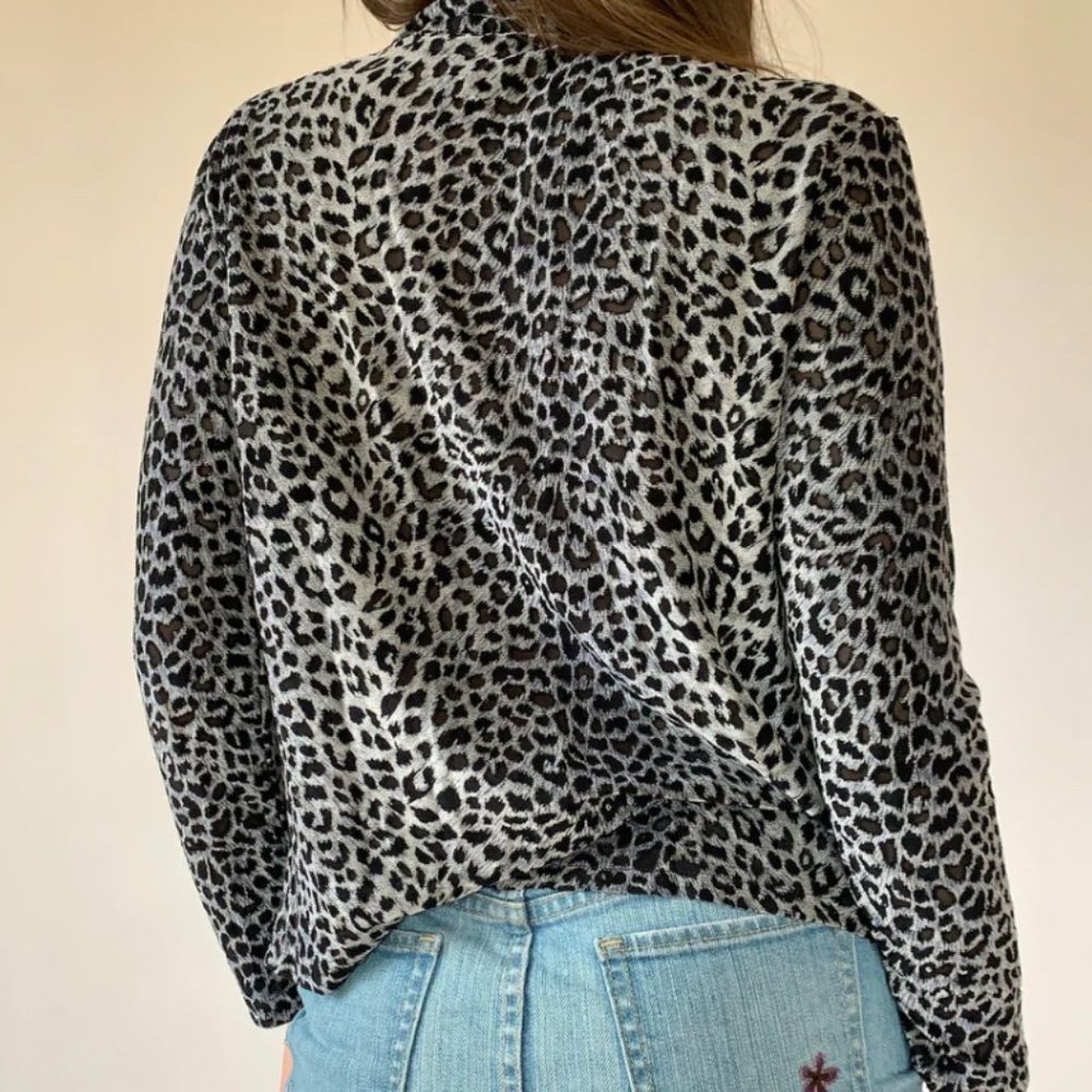Jones New York Collection grey black leopard print zip shirt blouse XL
